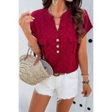 Swiss Dot Button Solid Pockets Loose Blouse | Blouse - Women's | F, FEB 2024, new arrival, short sleeve top, Top | Elings