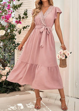 Textured Dotted Lace Trim Ruffled Hem Midi Dress | Dress - Women's | 011224, Dress, midi dress, new arrival | Elings