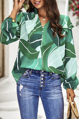 Floral Print V Neck Ruffle Puff Sleeve Top