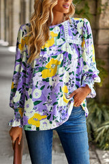 Floral Print Color Block Lace Blouse Top | Shirt - Women's | 011224, long sleeve top, Top, tops | Elings