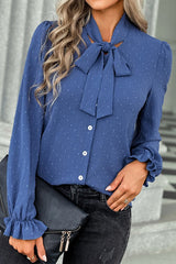Textured Dotted Bow Tie Button Blouse