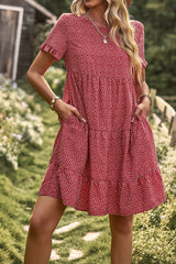 Ditsy Floral Ruffle Trims Sleeves Pockets Dress