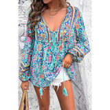 All Over Floral Print Cross Deep V Boho Top | Blouse - Women's | 2401, F, long sleeve top, new arrival, Top | Elings