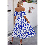 Allover Print Off Shoulder Ruched Ruffle Dress