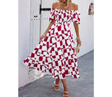 Allover Print Off Shoulder Ruched Ruffle Dress | Dress - Women's | 2402, Dress, F, midi dress, new arrival | Elings
