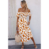Allover Print Off Shoulder Ruched Ruffle Dress
