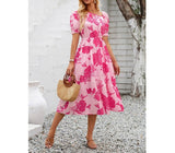 Asymmetric Neck Floral Color Block Puff Dress | Dress - Women's | 2403, Dress, F, midi dress, new arrival | Elings