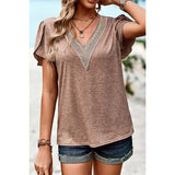 Deep V Neck Lace Ruffle Sleeves Solid Fit Shirt - MVTFASHION.COM