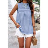Lace Trim Solid Ruched Sleeveless Swiss Dot Top - MVTFASHION.COM