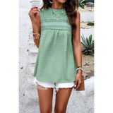 Lace Trim Solid Ruched Sleeveless Swiss Dot Top - MVTFASHION.COM