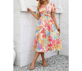 Leaf Print V Neck Cross Belt Fit Dress | Dress - Women's | 2403, Dress, F, midi dress, new arrival | Elings