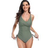 One Piece Cross Ruched Solid Drawstring Swimsuit