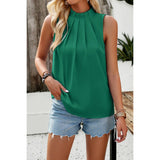 Pleated Ruched High Neck Sleeveless Blouson Top - MVTFASHION.COM