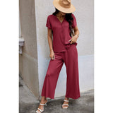 Contemporary Solid Knit Pockets Button Up Two-Piece V Neck Set | Top & Pant Set (NOT Loungewear) - Women's | 2402, F, new arrival, Sets | Elings