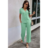 Contemporary Solid Knit Pockets Button Up Two-Piece V Neck Set