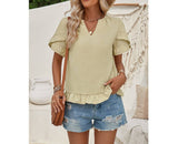 Solid V Neck Ruffle Hem Loose Fit Blouse | Blouse - Women's | F, new arrival, S, short sleeve top, Top | Elings