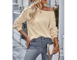 Button Trim Strip Round Neck Loose Fit Solid Top | Blouse - Women's | long sleeve top, tops | Elings