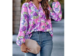 Notched Neck Floral Printed Loose Fit Shirt | Blouse - Women's | long sleeve top, New Arrivals, tops | Elings