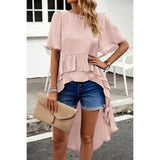 Ruffle Asymmetric Hem Solid Color Block Fit Shirt | Shirt - Women's | short sleeve top, Top | Elings