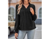 Drawstring V Neck Hollow Out Ruffle Loose Blouse | Blouse - Women's | long sleeve top, tops | Elings