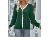 Front Open Button Lace Trim Fit V Neck Top | Blouse - Women's | long sleeve top, tops | Elings