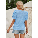 Heart Print V Neck Solid Puff Sleeves Fit Top - MVTFASHION.COM