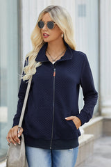 Zipper Front Plaid Solid Long Sleeve Pockets Pullover Women Coat