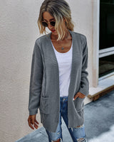 V Neck Open Front Solid Loose Fit Long Sleeve Pockets Knit Cardigan | Cardigan - Women's | 2023, cardigan, fall and winter, New Arrivals | Elings