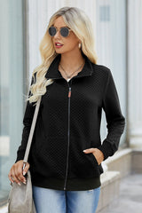 Zipper Front Plaid Solid Long Sleeve Pockets Pullover Women Coat