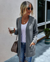 V Neck Open Front Solid Loose Fit Long Sleeve Pockets Knit Cardigan