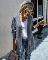 V Neck Open Front Solid Loose Fit Long Sleeve Pockets Knit Cardigan