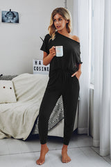 Round Neck Short Sleeve Solid Loungewear Pajamas Set
