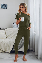 Round Neck Short Sleeve Solid Loungewear Pajamas Set