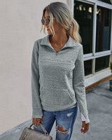 Long Sleeve V Neck Zipper Up Solid Pocket Loose Fit Sweater