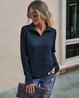 Long Sleeve V Neck Zipper Up Solid Pocket Loose Fit Sweater | 2023, fall and winter, New Arrivals, SWEATER, Sweatshirt | Elings
