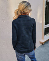 Long Sleeve V Neck Zipper Up Solid Pocket Loose Fit Sweater
