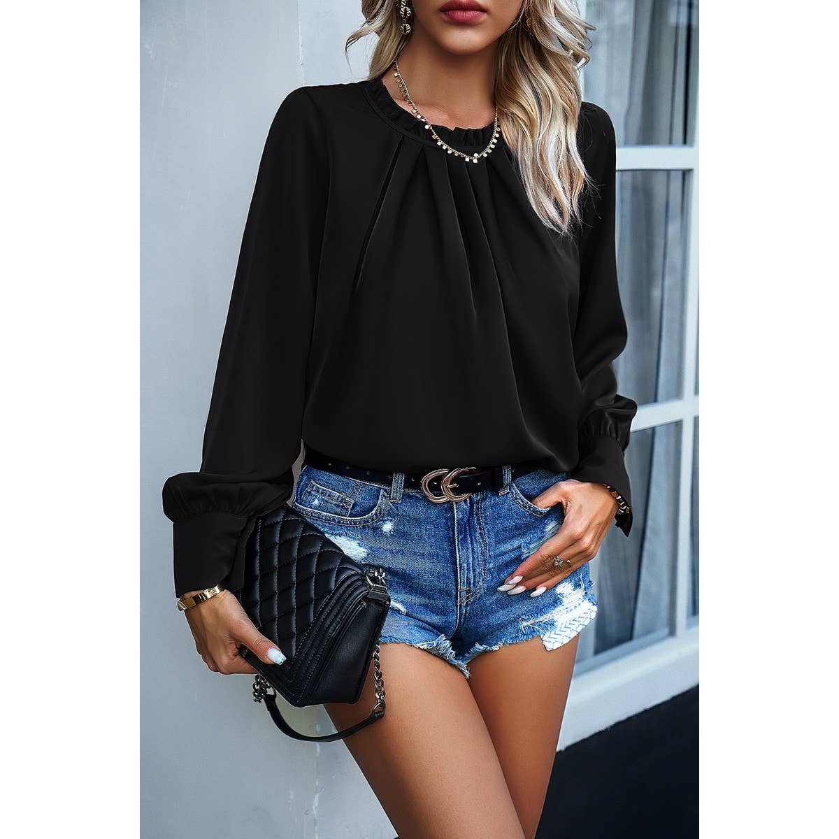 Round Neck Ruched Puff Sleeve Loose Top - MVTFASHION.COM
