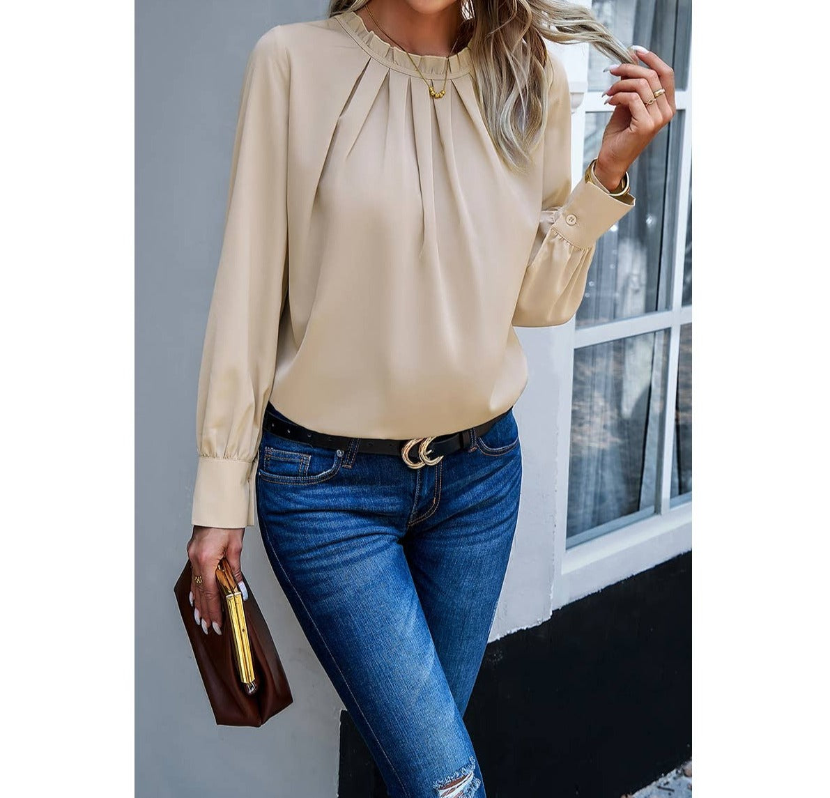 Round Neck Pleated Front Blouse | Blouse - Women's | 011624, blouse, F, long sleeve top, new arrival, New Arrivals, Top, tops | Elings