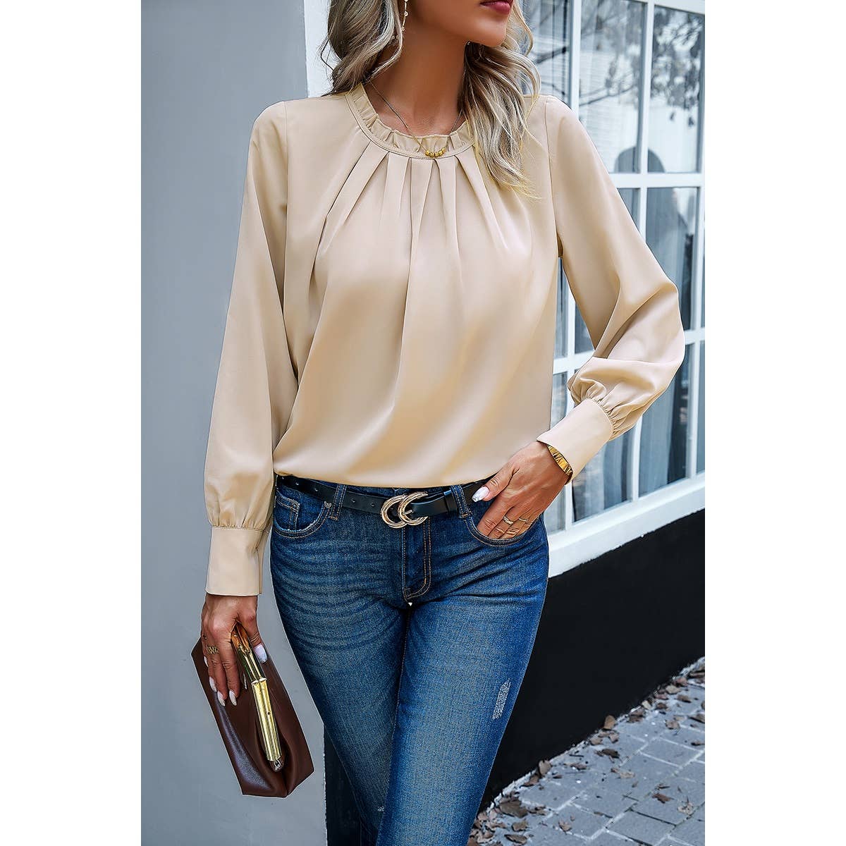 Round Neck Ruched Puff Sleeve Loose Top - MVTFASHION.COM