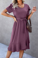 Scoop Neck Short Sleeve Ruffled Midi Dress | Dress - Women's | 011624, above the knee, Dress, F, new arrival, New Arrivals | Elings