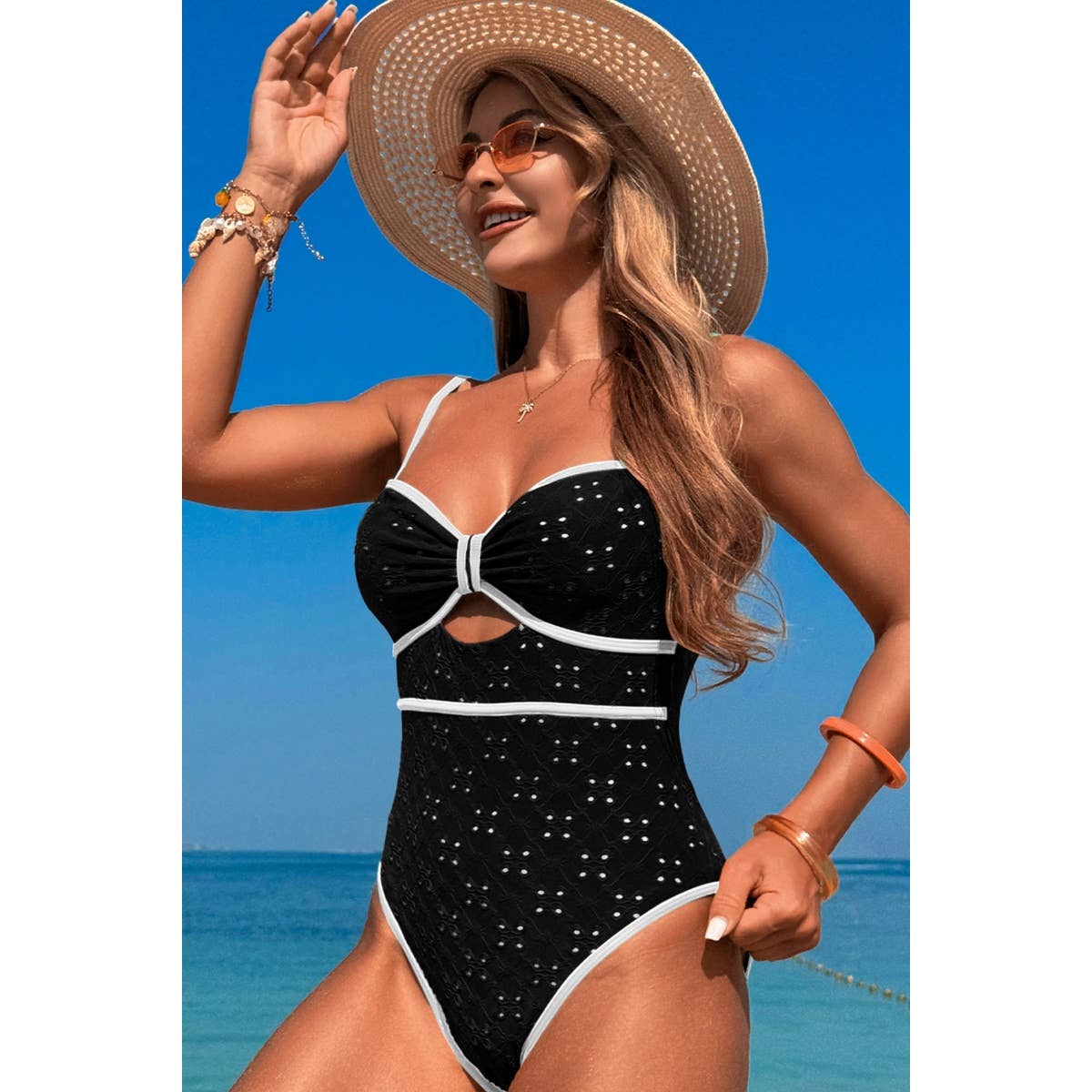Contrast Trim Knot Front Cut One Piece Swimsuit