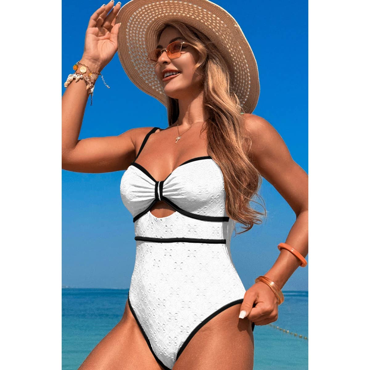 Contrast Trim Knot Front Cut One Piece Swimsuit
