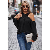 Cross Open Shoulder Solid Loose Fit Button Blouse - Elings
