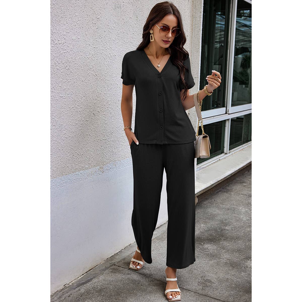 Contemporary Solid Knit Pockets Button Up Two-Piece V Neck Set
