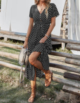 Polka Dot V-Neck Ruffle Midi Dress | Dress - Women's | 2024, Sale | Elings